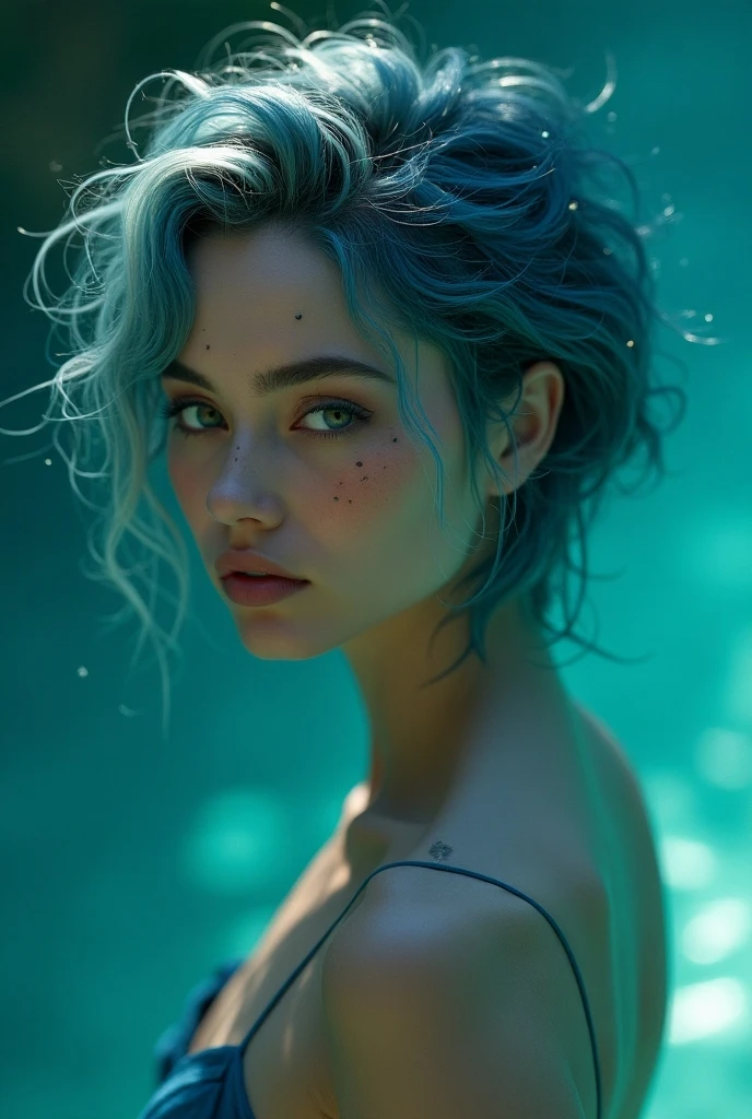 a close up of a woman with blue hair and a flower in her hair, makeup. unreal engine, wet shiny skin, slightly tanned, close up of a blonde woman, captivating glowing lights, bronze face, inspired by Petros Afshar, portrait of nordic girl, tears running down face, 4 k editorial photograph, glossy photo,flat chested,pov, Orgasm and passion on the face, excited lips,orgasmface, Very excited look, enjoying coctail on the beach