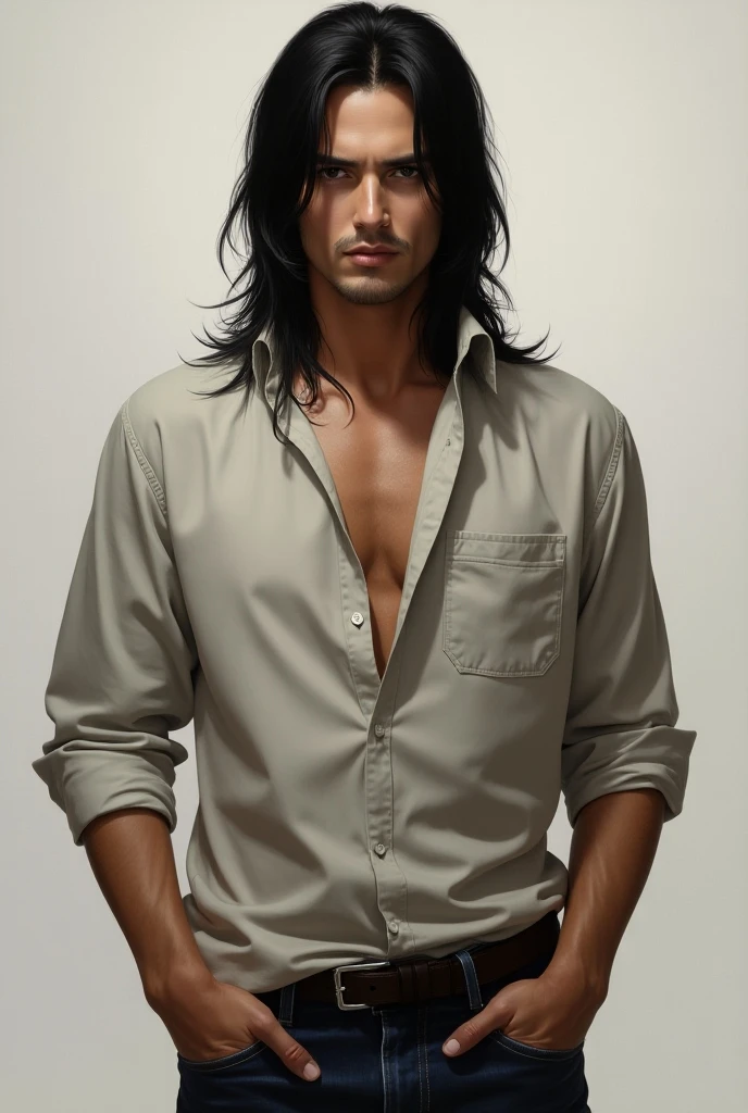 A sexy male with delicate facial features, long black hair, and teal blue eyes, he has feminine hips and thick thighs. He is naked. (No facial hair) (no body hair) (male)