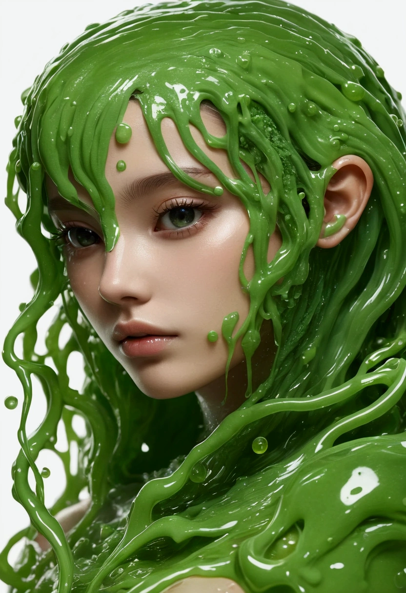 a portrait of photorealistic a girl, close up, slime all over the face, happy face, perfect face, UHD, intricate detailed, 8k, best quality ever, masterpiece, super detailed, unleashed creativity, beyond imagination, dramatic ligh