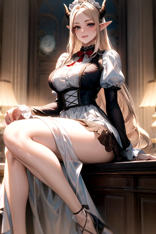 ((best quality)), ((Masterpiece)), (details:1.4), ((Enrich the picture，Masterpiece level quality)), Beautiful 8K CG artwork, 3d, HDR (high dynamic range), ne female adult elf with demon horns and dark blonde long hair and visible forehead wearing a beautiful maid dress, maid attire, maid dress, full body, adult face, forehead, beautiful maid dress, detailed maid dress with red ribbons, maid cosplay dress, short maid dress, seethrough sleeves, puffy maid dress, ****ta dress, seethrough sleeves