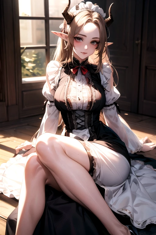 ((best quality)), ((Masterpiece)), (details:1.4), ((Enrich the picture，Masterpiece level quality)), Beautiful 8K CG artwork, 3d, HDR (high dynamic range), ne female adult elf with demon horns and dark blonde long hair and visible forehead wearing a beautiful maid dress, maid attire, maid dress, full body, adult face, forehead, beautiful maid dress, detailed maid dress with red ribbons, maid cosplay dress, short maid dress, seethrough sleeves, puffy maid dress, ****ta dress, seethrough sleeves