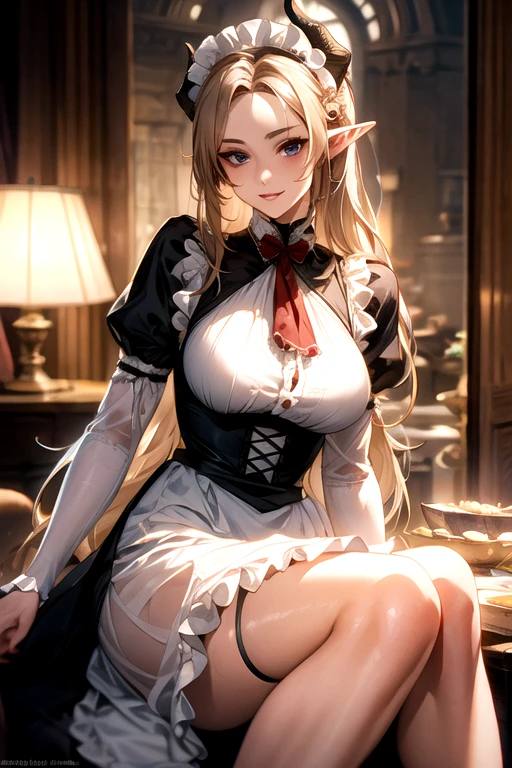 ((best quality)), ((Masterpiece)), (details:1.4), ((Enrich the picture，Masterpiece level quality)), Beautiful 8K CG artwork, 3d, HDR (high dynamic range), ne female adult elf with demon horns and dark blonde long hair and visible forehead wearing a beautiful maid dress, maid attire, maid dress, full body, adult face, forehead, beautiful maid dress, detailed maid dress with red ribbons, maid cosplay dress, short maid dress, seethrough sleeves, puffy maid dress, ****ta dress