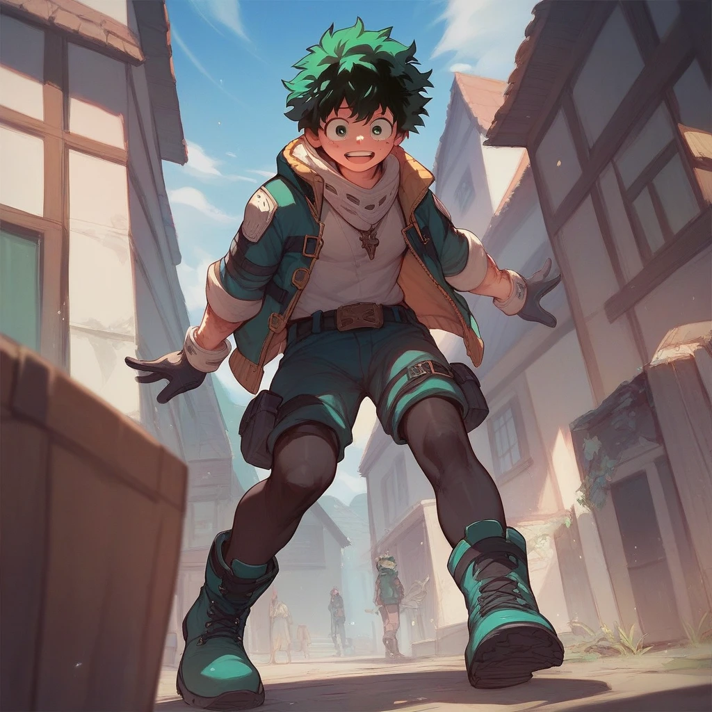 Izuku Midoriya wearing black tights and big boots and big black gloves