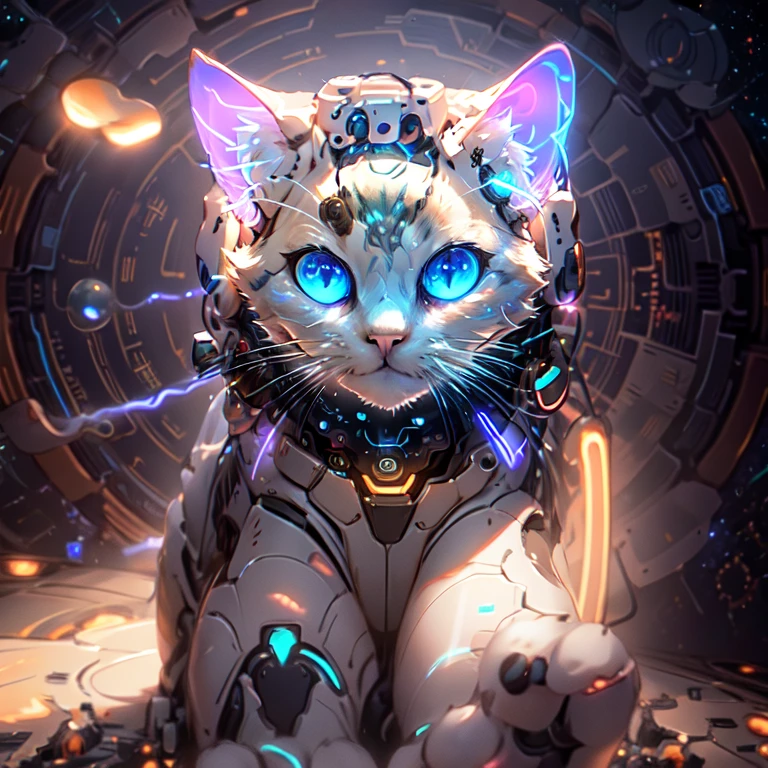 Meowing neon cat in outer space,  with the background of a beautiful planet with rings , very neon world, superrealism,  high detail, Cinema lighting, ray tracing, perspective, front frame ,  ultra high resolution, masterpiece, 4K,  Best quality ,