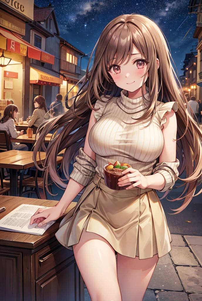  1 girl, solo,  High Resolution , Long Hair, ((Large Breasts)),  looks,  blushes, smile, Brown Hair, masterpiece, accurate,  anatomically correct,  Multiple Award Winners ,  detail,  high definition models, 高い detail, high quality,  very detailed, Retina,  textured skin,  ultra-fine, whole body, Italian cityscape, White Sweater,  beige miniskirt , Brown long boots, Italian cafe , Bare legs, autumn, night, Starry Sky, Terrace seats, Cooking on the desk,