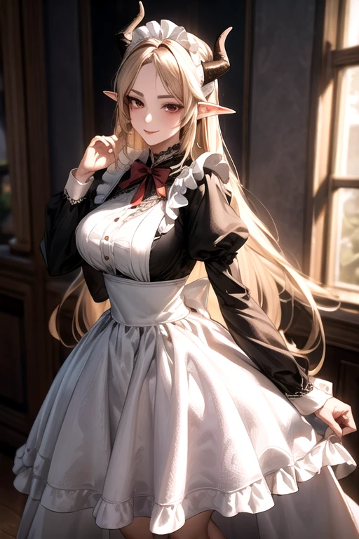 ((best quality)), ((Masterpiece)), (details:1.4), ((Enrich the picture，Masterpiece level quality)), Beautiful 8K CG artwork, 3d, HDR (high dynamic range), ne female adult elf with demon horns and dark blonde long hair and visible forehead wearing a beautiful maid dress, maid attire, maid dress, full body, adult face, forehead, beautiful maid dress, detailed maid dress with red ribbons, maid cosplay dress, short maid dress, seethrough sleeves, puffy maid dress, ****ta dress, standing, seethrough