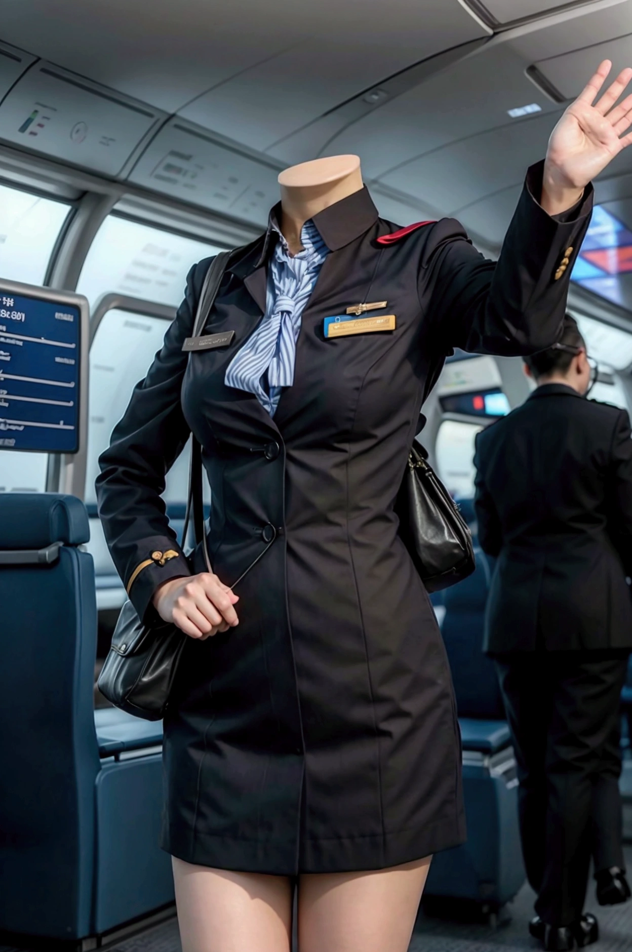 Woman dressed as a headless stewardess gesturing giving information to passengers