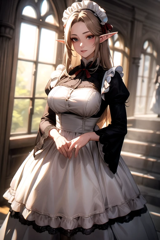 ((best quality)), ((Masterpiece)), (details:1.4), ((Enrich the picture，Masterpiece level quality)), Beautiful 8K CG artwork, 3d, HDR (high dynamic range), ne female adult elf with demon horns and dark blonde long hair and visible forehead wearing a beautiful maid dress, maid attire, maid dress, full body, adult face, forehead, beautiful maid dress, detailed maid dress with red ribbons, maid cosplay dress, short maid dress, seethrough sleeves, puffy maid dress, ****ta dress