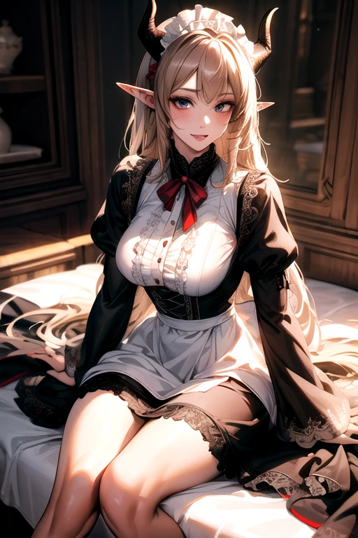 ((best quality)), ((Masterpiece)), (details:1.4), ((Enrich the picture，Masterpiece level quality)), Beautiful 8K CG artwork, 3d, HDR (high dynamic range), ne female adult elf with demon horns and dark blonde long hair and visible forehead wearing a beautiful maid dress, maid attire, maid dress, full body, adult face, forehead, beautiful maid dress, detailed maid dress with red ribbons, maid cosplay dress, short maid dress, seethrough sleeves, puffy maid dress, ****ta dress