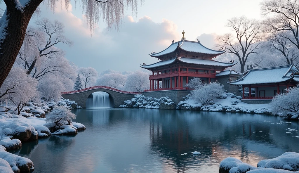 The magnificent Forbidden City in China, covered with snow, stands on the tranquil Lushi Lake in yevgeny, with the full moon hanging in the sky, Miyazaki Hayao and Makoto Shinkai, animation art, Studio Ghibli style, super details, high-definition picture, 8k resolution, ureal.8K --ar 9:16 --testp --upbeta --auto