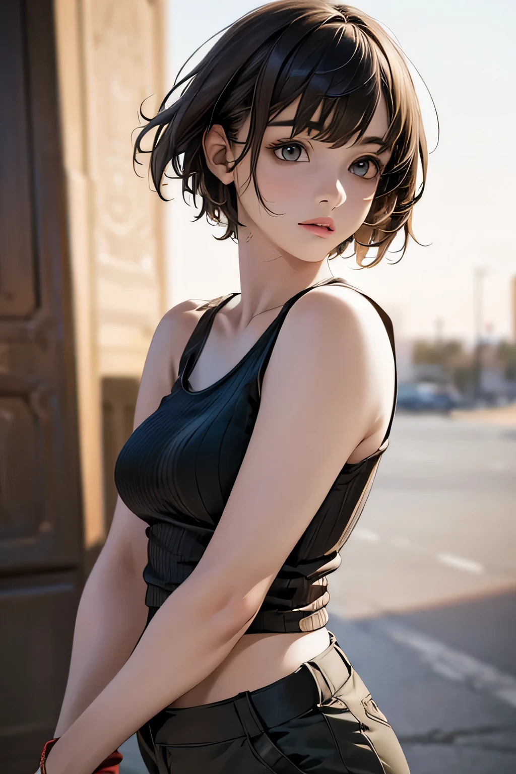 ung man, light brown skin, short curly black hair, dark brown eyes, black tank top, Zenitsu Agatsuma style, looking at camera, (best quality,4k,8k,highres,masterpiece:1.2),ultra-detailed,(realistic,photorealistic,photo-realistic:1.37),extremely detailed face and eyes,beautiful detailed eyes,beautiful detailed lips,extremely detailed eyes and face,long eyelashes,cinematic lighting,dramatic lighting,vibrant colors,natural skin texture,highly detailed portrait
