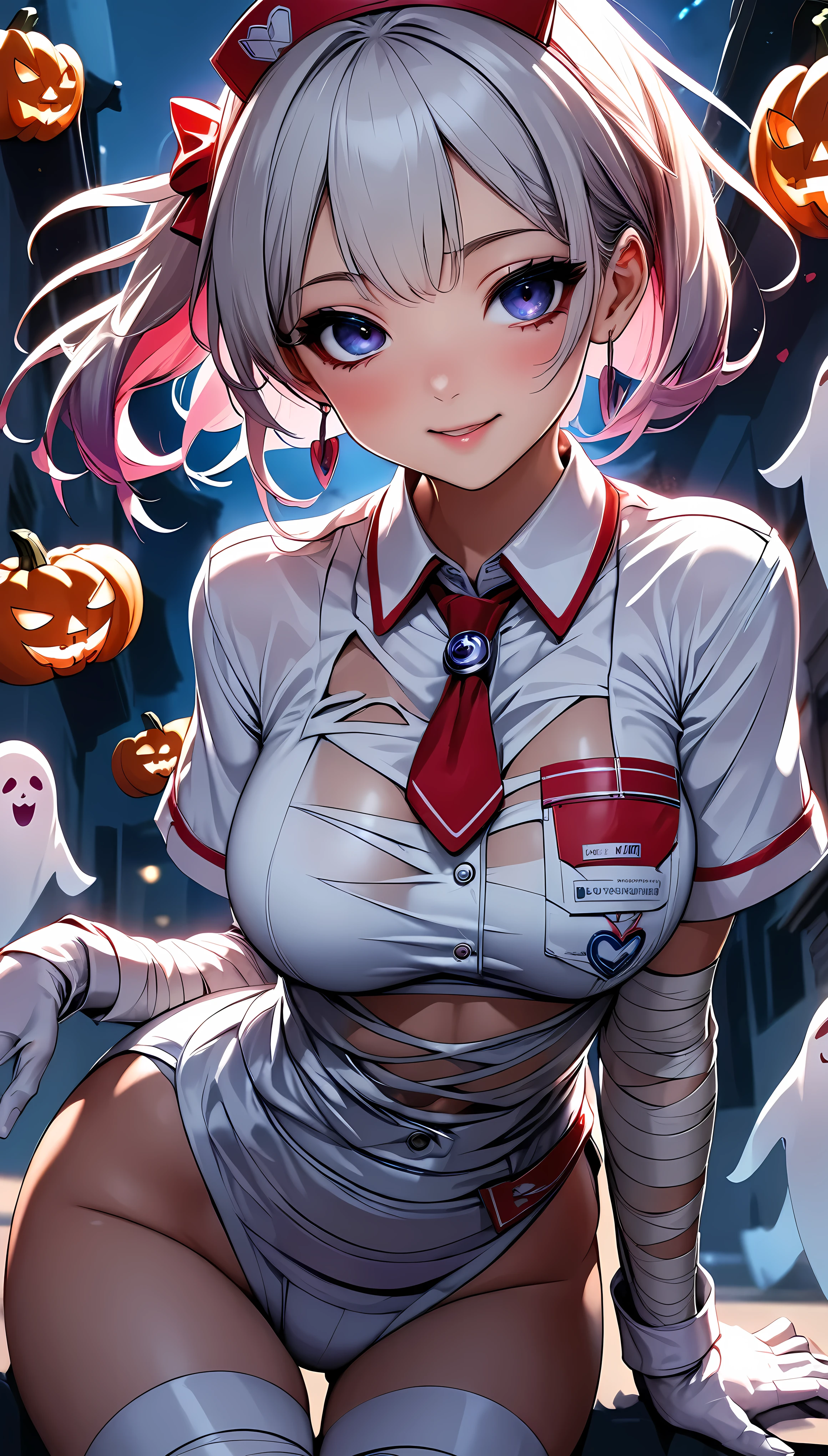 (masterpiece,  best quality:1.2),  1 girl, Alone, \ characters " atlus"\, High school girl,  Halloween Costume Like a Mummy, Full body bandage texture, Portrait of a Nurse ,  follows a Halloween ghost , Cute sex appeal ,  Jack-o-lantern adds color ,  Transparent Red Overlay , ROUGH, JK,