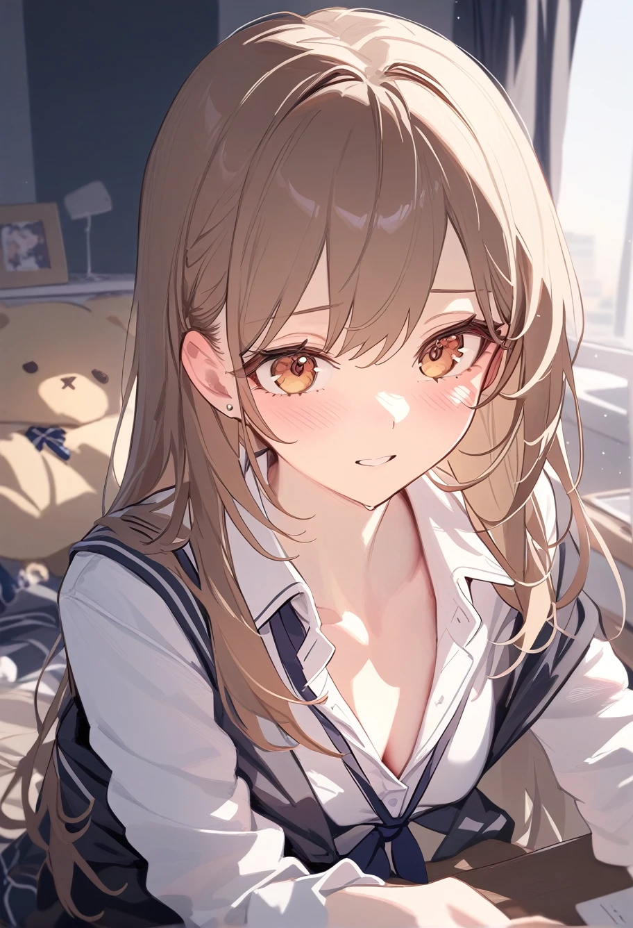 staekinglight,1girl,school uniform,brown eyes,brown hair,newest,medium quality,general,masterpiece,(happy with me:0.3),in my room