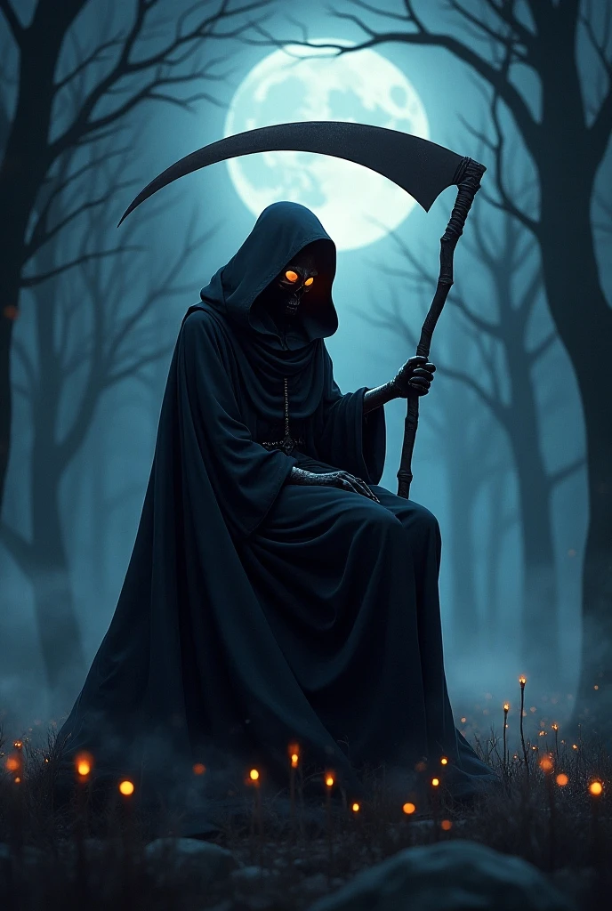 Grim Reaper, nightmarecore aesthetic, patiently awaiting departed souls.