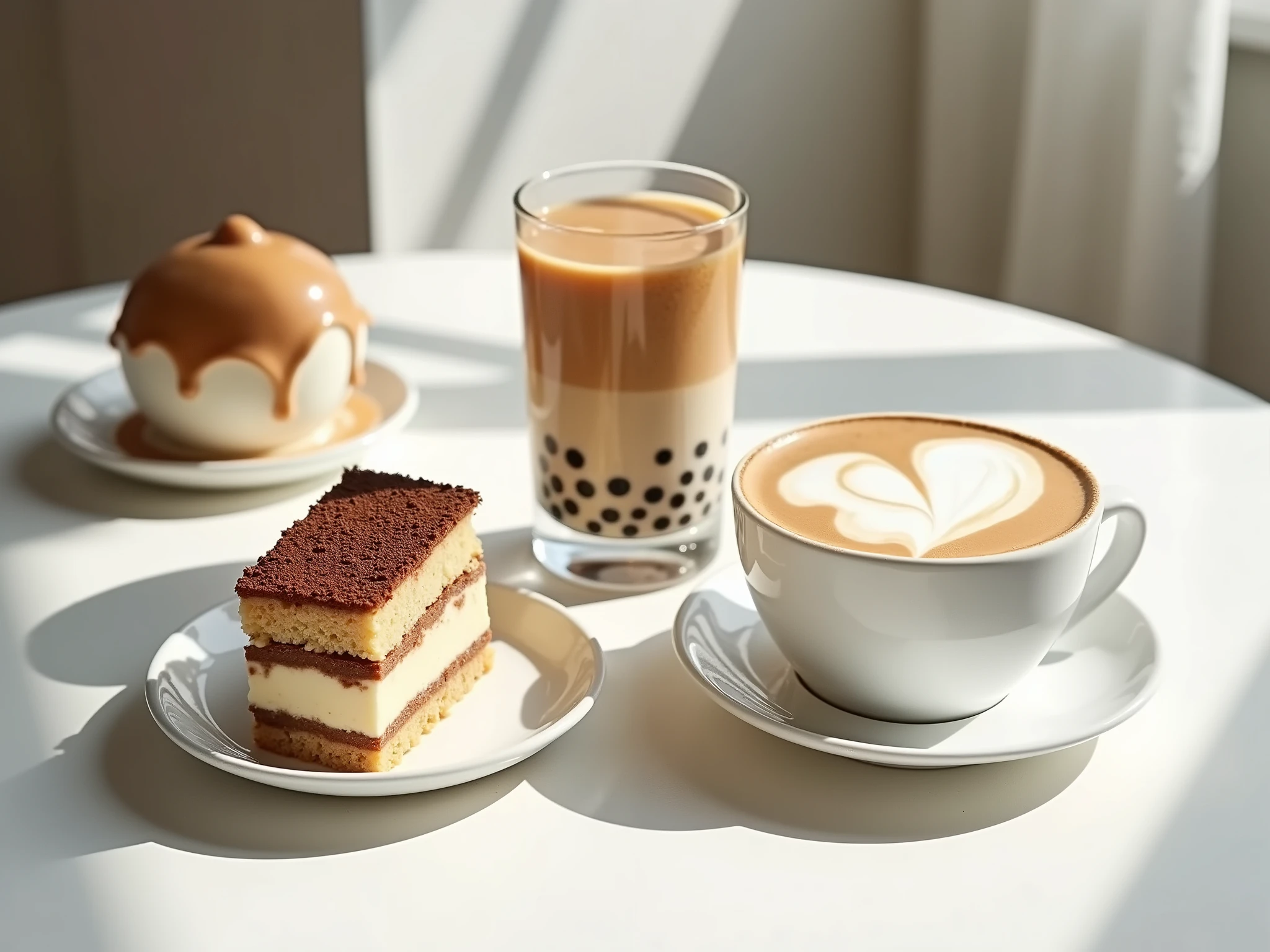 The photo is food photography. The photo contain a glass of boba milk tea, a cup of cappuccino and a plate of tiramisu. There is a fork on tiramisu plate. Food is serving on a white coffee table. Narrow depth of field. Natural light. Three-Fourths Angle.