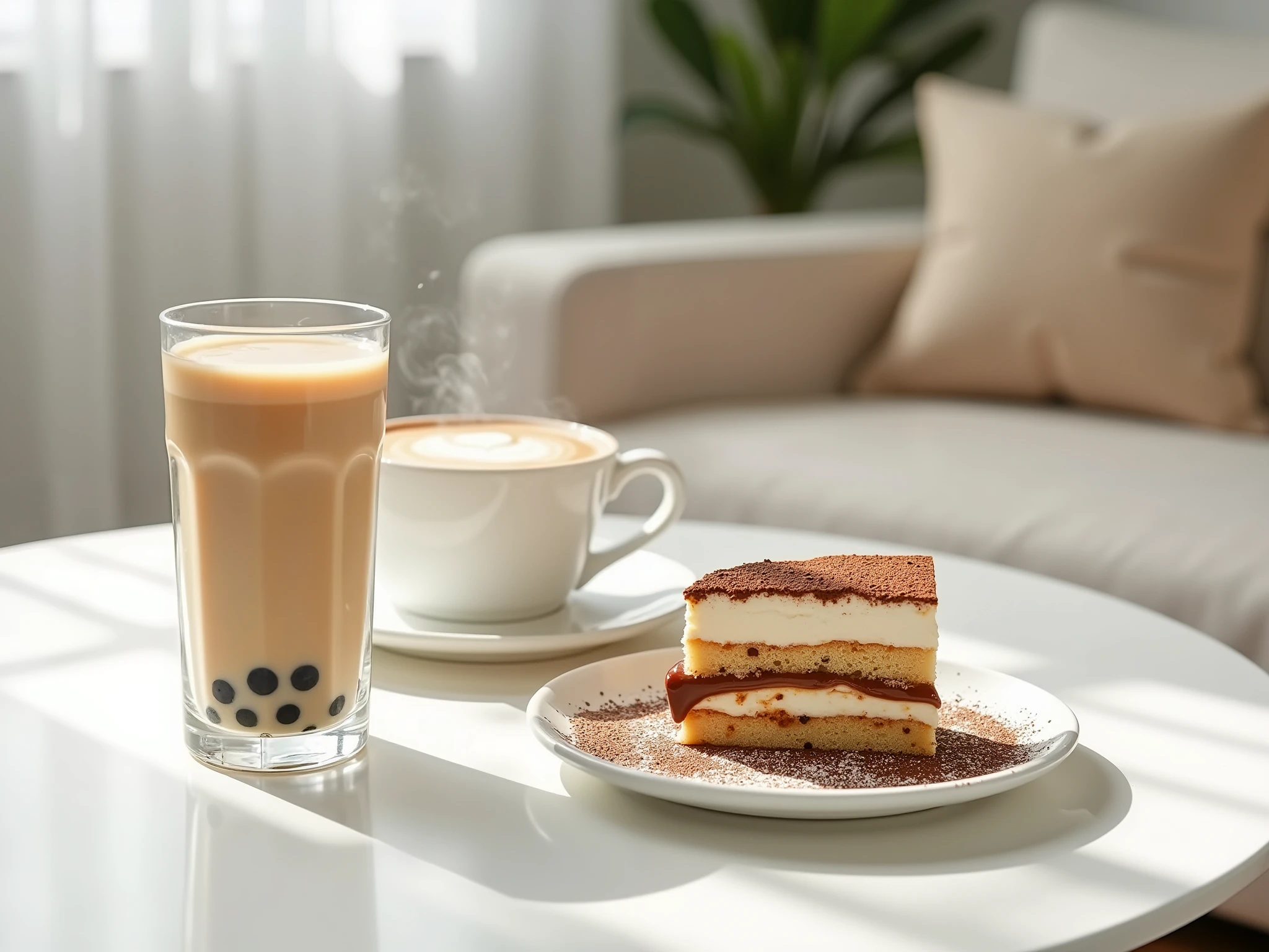 The photo is food photography. The photo contain a glass of boba milk tea, a cup of cappuccino and a plate of tiramisu. There is a fork on tiramisu plate. Food is serving on a white coffee table. Narrow depth of field. Natural light. Three-Fourths Angle.