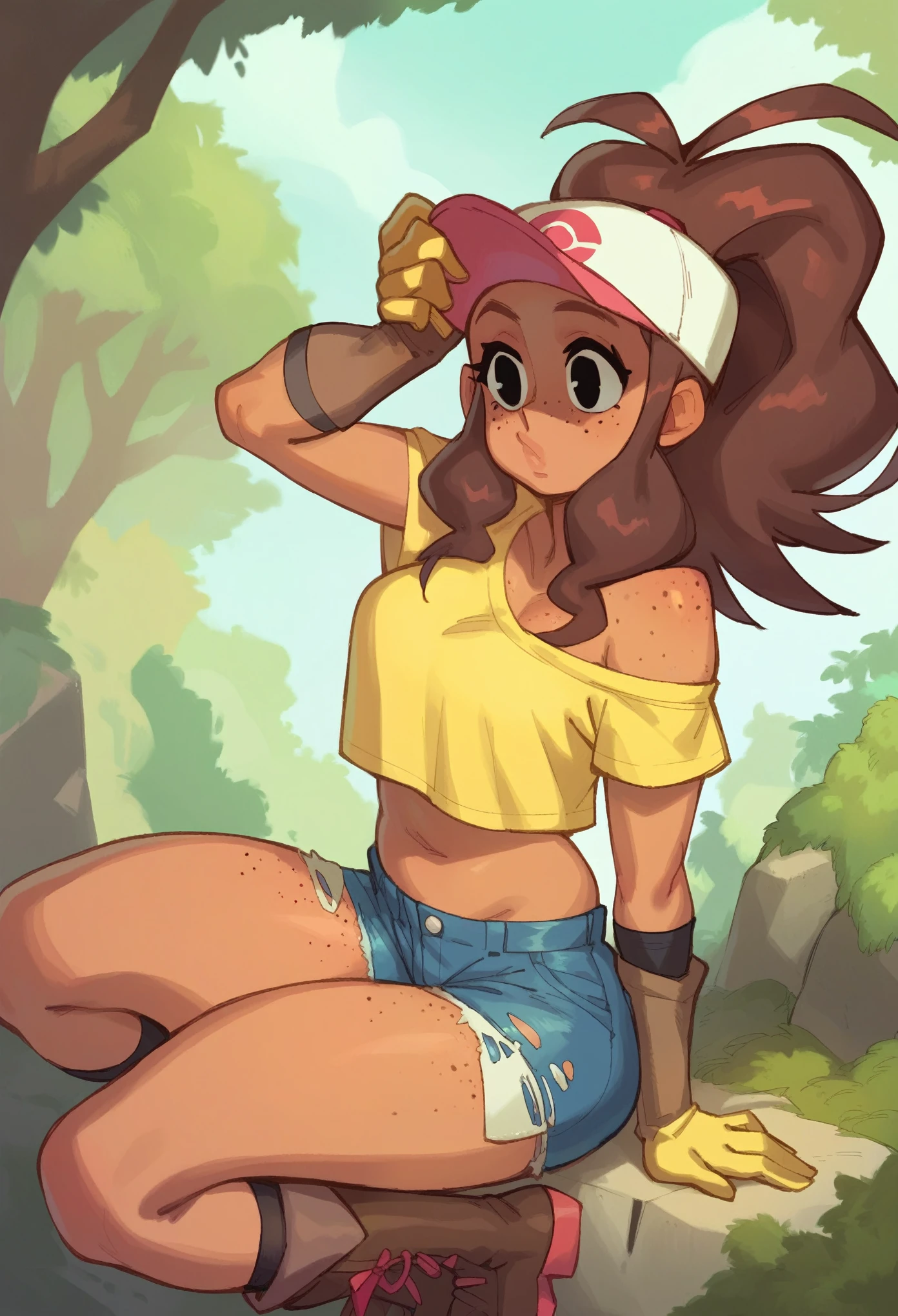 One girl, Hilda, red hair, loose hair, black eyes, freckles, tanned, beautiful face, detailed face, yellow top, mitton gloves, denim shorts, brown boots, outside