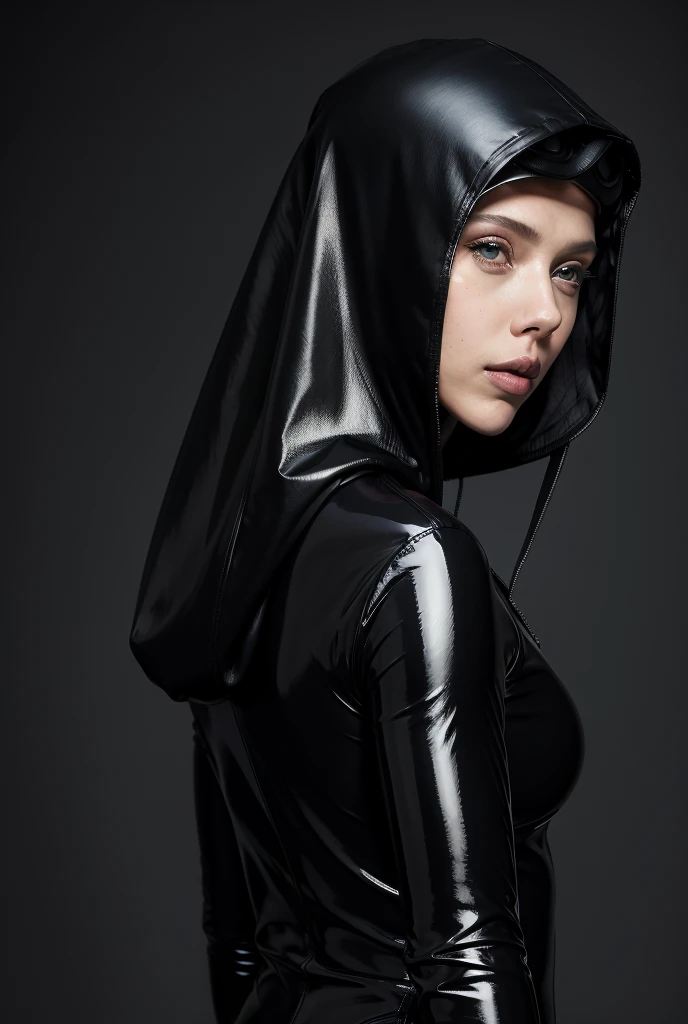 Scarlett Johansson, looking back over shoulder in a  tight-fitting glossy  black leather spandex veil, hooded veil, head covering hoodie glossy spandex black, black latex goggles