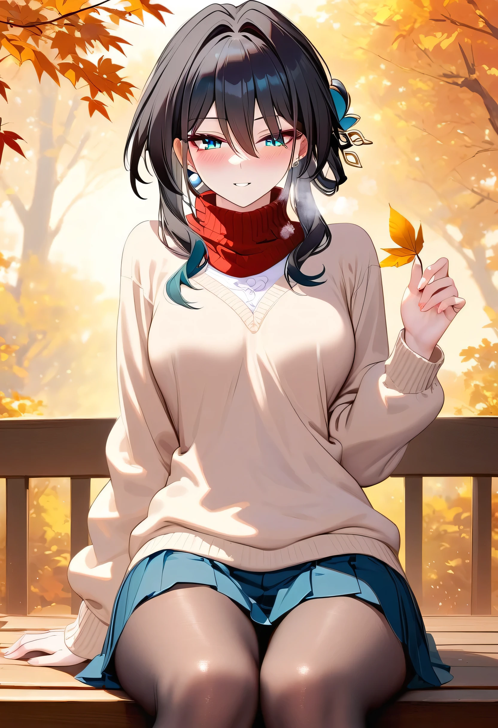 ruan mei \(honkai: star rail\), long brown hair, hair between eyes, hair ornament, long hair, blue eyes, medium breast, blush, seductive smile, heavy breathing, 1 girl, adult grown woman, masterpiece, best quality, beautiful detailed eyes, sitting on a bench in park, autumn day, golden autumn, warm sweatshirt, beige tights, holding a leaf, pleated skirt, black pantyhose, red scarf finely detailed, extremely detailed CG unity 8k wallpaper, autumn