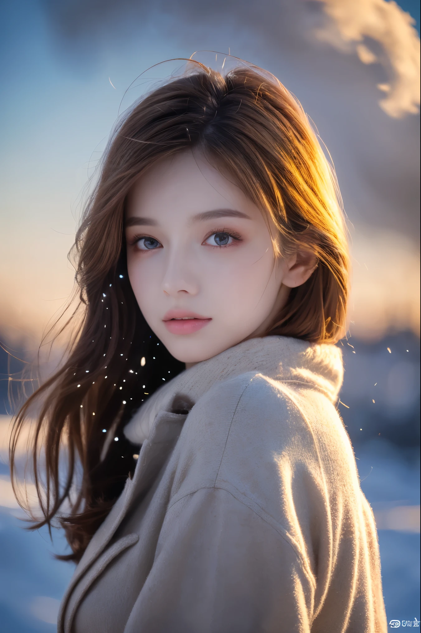 realistic detailed photo of a giant breasted girl with exposed shoulders, detailed fingers, high quality skin, red eyes, alone in a winter scene with clouds, wind, and flowing hair, (best quality,4k,8k,highres,masterpiece:1.2),ultra-detailed,(realistic,photorealistic,photo-realistic:1.37),studio lighting,vivid colors