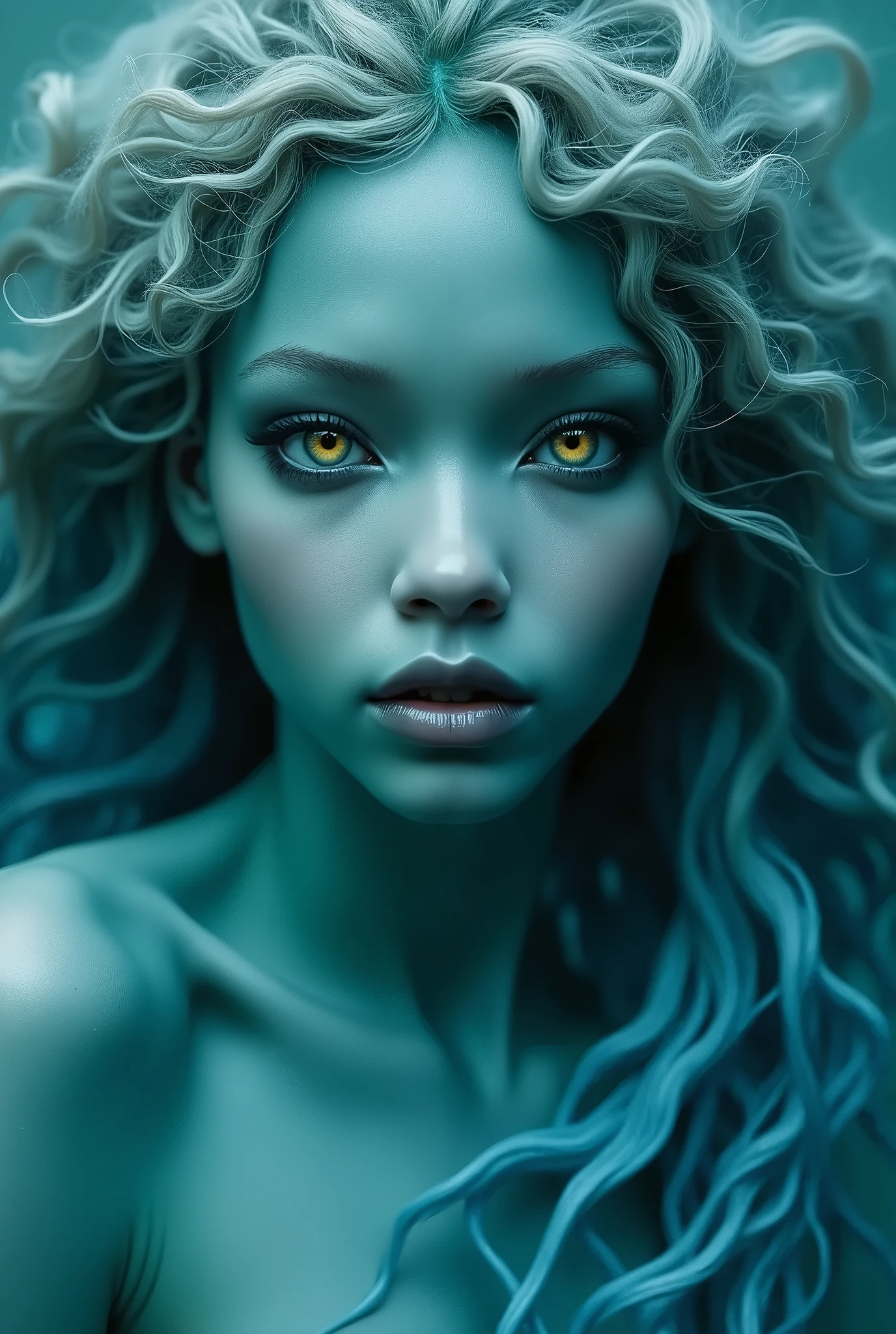 a woman with very blue skin and yellow eyes, straight, dark blue hair, fish ears, a small princess tiara , a blue pendant necklace, ?????, traumatized look and bloody face with pussy open