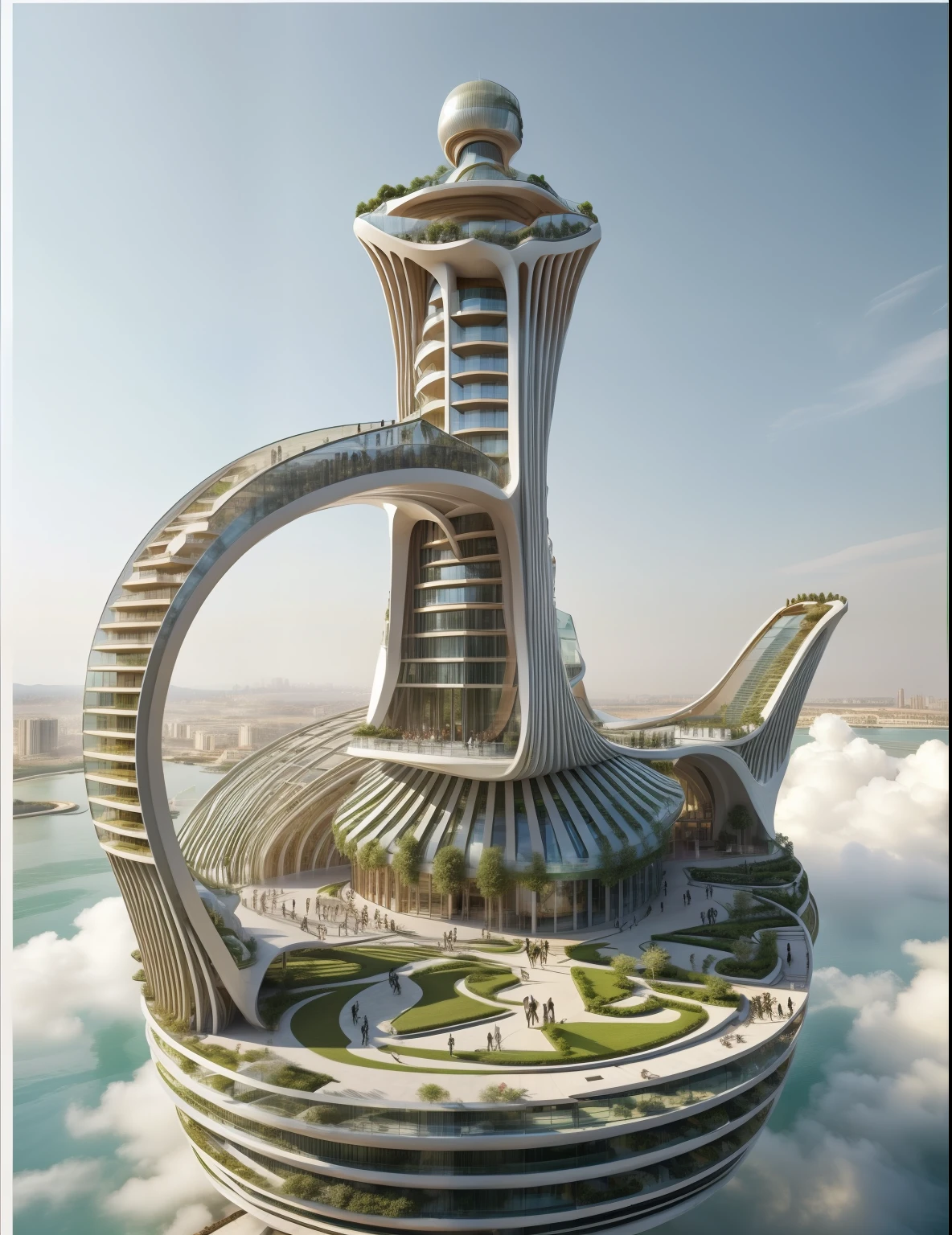Building by Zaha Hadid, concrete and glass, windows, stripes, Realistic, people on walkways, gardens, green areas, people all around plaza, people walking, flawless, by syd mead