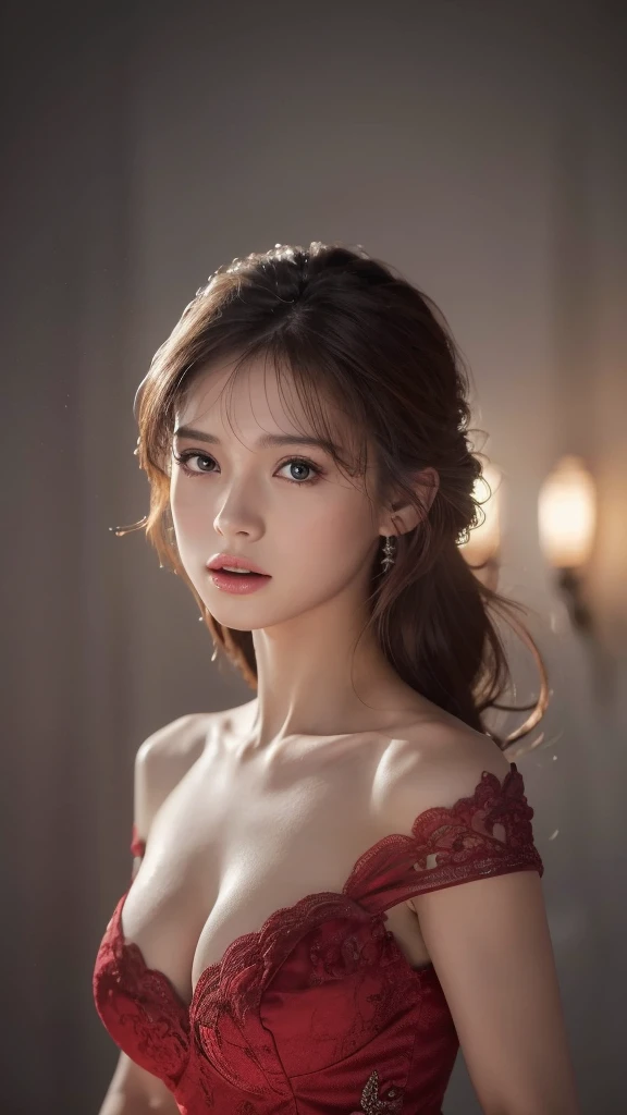 8k,Adult woman with red bushy hair,so beautiful(Like the real thing), strict, elegant, Red Dress, The enchanting aristocrat, silver element, Long nails, Exposing shoulders, Hairstyle, Beautiful expression,blue eyes, Messy, I am proud, Absurd, Elegant dress, Royalty, celebration, Hall decorated with flowers, Cowboy Shot, Portraiture, (Highest quality), (Tabletop), (Very detailed), masterpiece,Highest qualityのフォトリアリスティックなRAW写真。Backlight, Cinema Lighting, Film Grain, to be born, 50mm lens, Nikon D850,Ultra-Realistic Skin,Fantasy art,Character Art,Ultra-high resolution,A muscular and slender macho man,Perfect hands,compensate,Bust shot close-up,