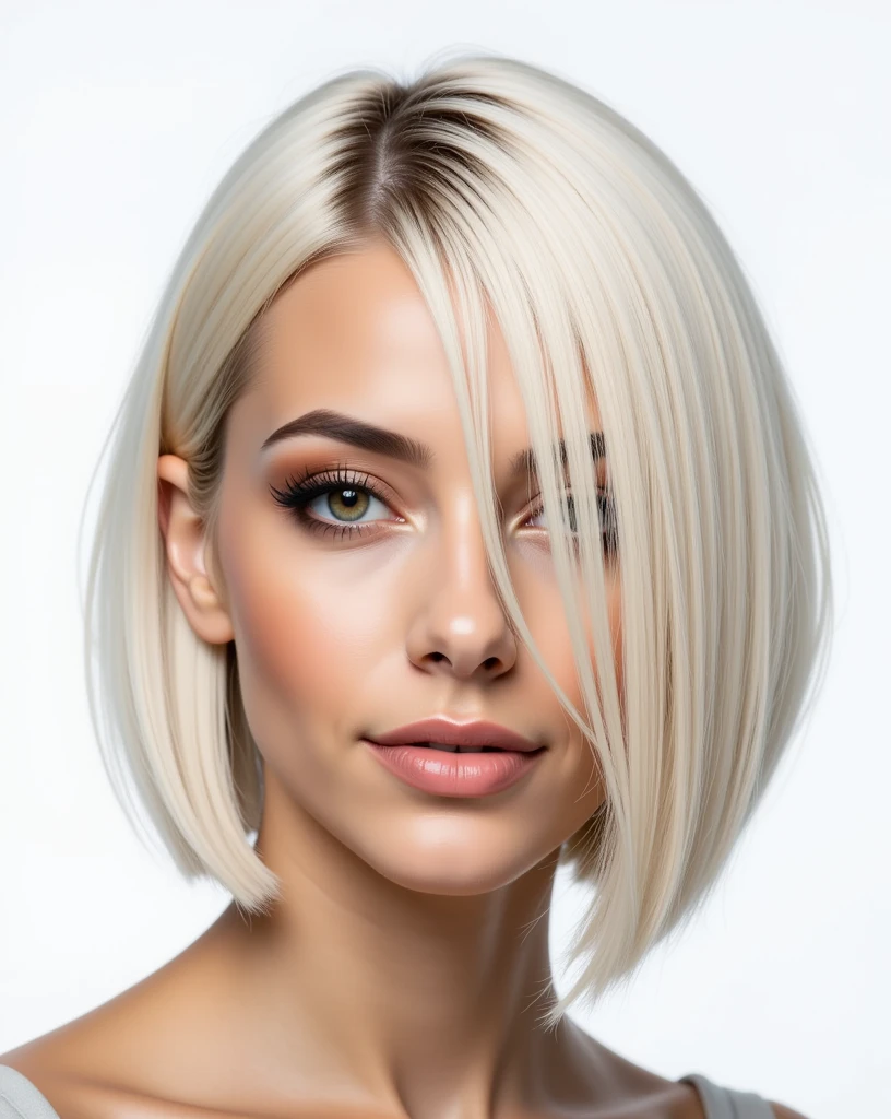 Close-up portrait of a young woman with a striking asymmetrical haircut:

Style: Dramatically asymmetrical bob
Length: Very short pixie cut on the left side, gradually transitioning to shoulder-length on the right side
Left side: Closely cropped, almost buzzed, revealing the scalp
Right side: Longer strands falling just past the shoulder, textured and piece-y
Top: Longer layers swept dramatically to the right, creating a bold, sweeping fringe
Color: Uniform platinum blonde throughout, cool-toned and highly reflective
Texture: Sleek and straight, with a glass-like shine
Styling: Hair styled to emphasize the contrast between the short and long sides
Part: Deep side part on the left, accentuating the asymmetry
View: Three-quarter angle, clearly showcasing the dramatic difference between sides
Expression: Confident and edgy, with a slight smirk
Makeup: Minimalist, focusing on glowing skin and subtle eye emphasis
Lighting: High-key lighting to accentuate the platinum color and the cut's sharp lines
Background: Clean, white studio background

Image style: High-fashion editorial, ultra-sharp focus, hyper-realistic detail