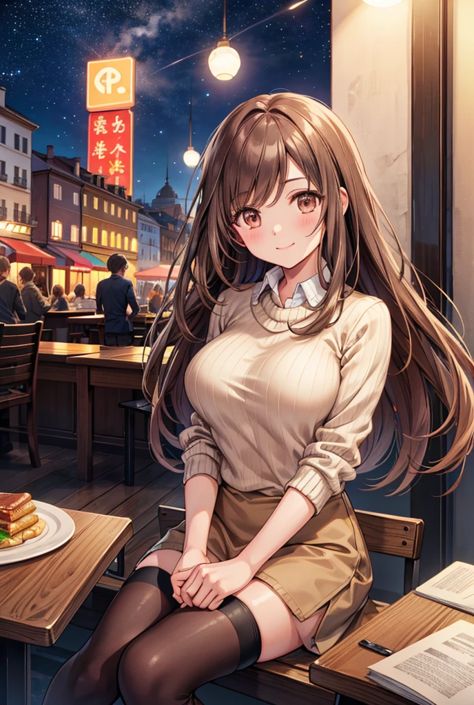  1 girl, solo,  High Resolution , Long Hair, ((Large Breasts)),  looks,  blushes, smile, Brown Hair, masterpiece, accurate,  anatomically correct,  Multiple Award Winners ,  detail,  high definition models, 高い detail, high quality,  very detailed, Retina,  textured skin,  ultra-fine, whole body, Italian cityscape, Brown sweater,  beige miniskirt , Brown long boots, Italian cafe , autumn, night, Starry Sky, Terrace seats, Cooking on the desk,  sit on a chair,  brown eyes ,