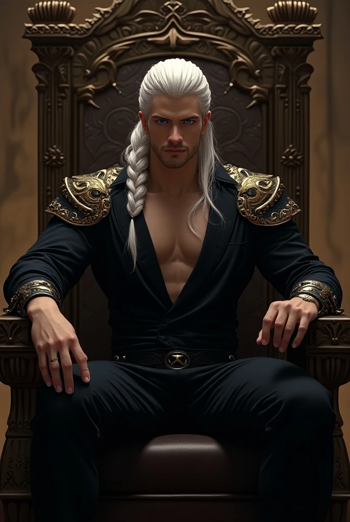 Create a handsome prince of hell, attractive and imposing, details his face, that his jaw be marked. that has long white hair, that has blue-purple eyes, Leave his chest exposed with some symbol tattoos and put him in a long, semi-transparent black robe with gold embroidery, that has leather pants and a belt, Put a bracelet on his arm too. Let him sit in an elegant black chair with thorns and diamonds and hold a glass of black wine in his right hand.. make it realistic
