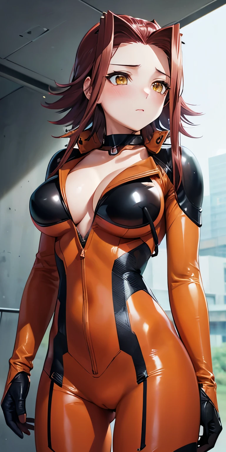 1 Female,High definition,high resolution,Ultra-realistic,8K, aki1, izayoi aki, cleavage, bikesuit, bodysuit, choker, unzipping, open bodysuit, gloves, yellow eyes, large breasts,European,sexy,Upper body close-up,Photographed from the front,Dynamic Angles,(blush), (medium tits) 