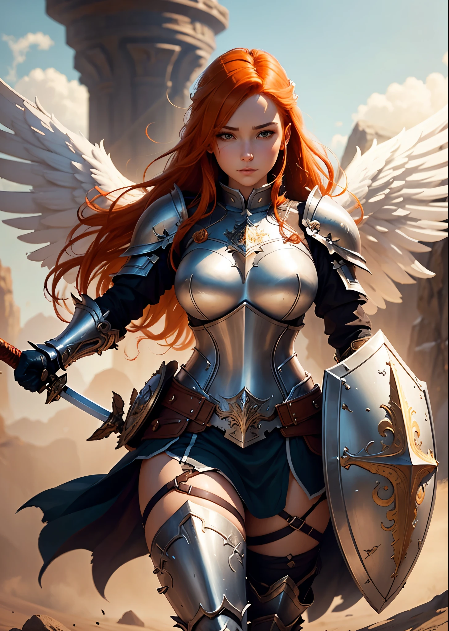 sexy swordsman knight woman riding on a horse on the battlefield
