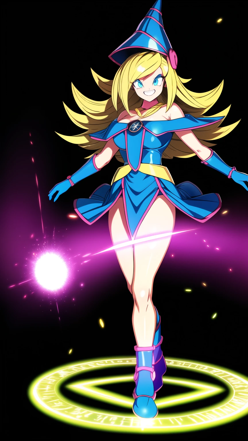 dbsuper style, (extremely detailed CG unity 4k wallpaper),(masterpiece),(ultra quality),(ultra-detailed),(best illustration),(best shadow),(absurdres),masterpiece, best quality, cinematic light, 1girl, grin, dark magician girl, blonde hair, blue headwear, blue footwear, duel monster, hat, hexagram, long hair, looking at viewer, magic, magic circle, glow, glowing, glowing particles, pentacle, pentagram, wizard hat, yu-gi-oh!, dynamic pose,