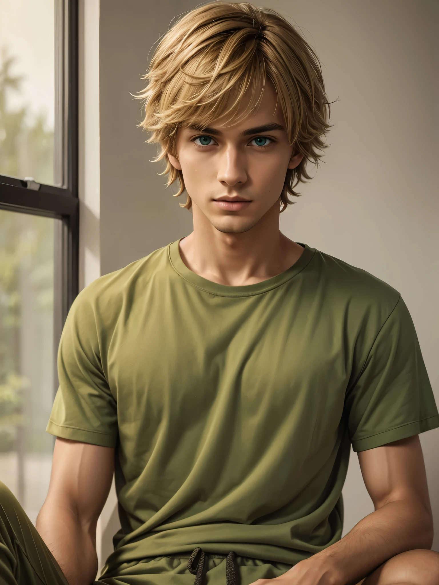 (best quality), 1boy, Male, 27 years old, young man, honey toned skin, short hair, dirty blonde hair, messy hair, messy bangs, green eyes, perfect eyes, loose shirt, sweatpants, sleepwear, clear face, nerd, strong jawline, lanky, tired expression, dark circles under eyes, masterpiece, anatomically correct, highres