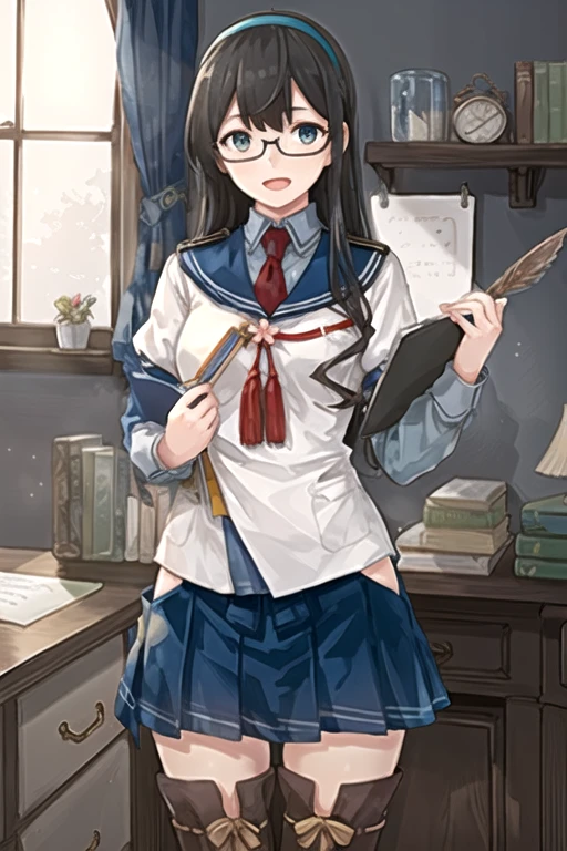 (masterpiece), ( best quality), (Super detailed), Realistic, (  Best Illustration ), (  very delicate and beautiful),  1 girl, Oyodo \(Kantai Collection\), standing,  teal hair band , Seraph, blue sailor collar,  short overlong sleeve,   semi-rimless eyewear ,  red tie , :d, Red ribbon, Floral ornament, blue eyes, chest,   blue skirt  ,  hip vent, Thigh boots,   ribbon trim legwear ,  has a single side lock , Asymmetrical Hair,  clipboard on the right, Quill pen,  detailed indoor views , Bookshelf, Wooden desk, Gold lamp ,  detailed irises 