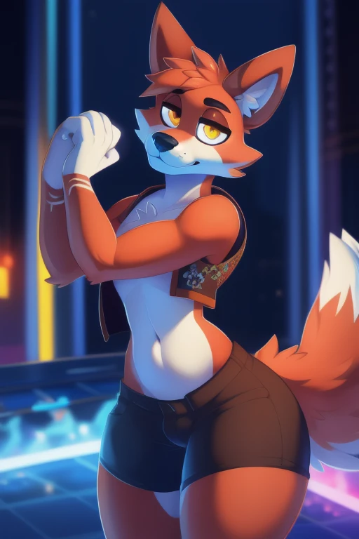 (Cyberpunk), (hands behind back), furry, otter, female, white fur, super cute face, blue aviator glasses, ear piercing, medium breasts, lifting shirt, exposing breasts, tongue out, detail elements on fur, glowing t-shirt, beautiful lights and shadows, ambient light, super fine fur, volumetric light,