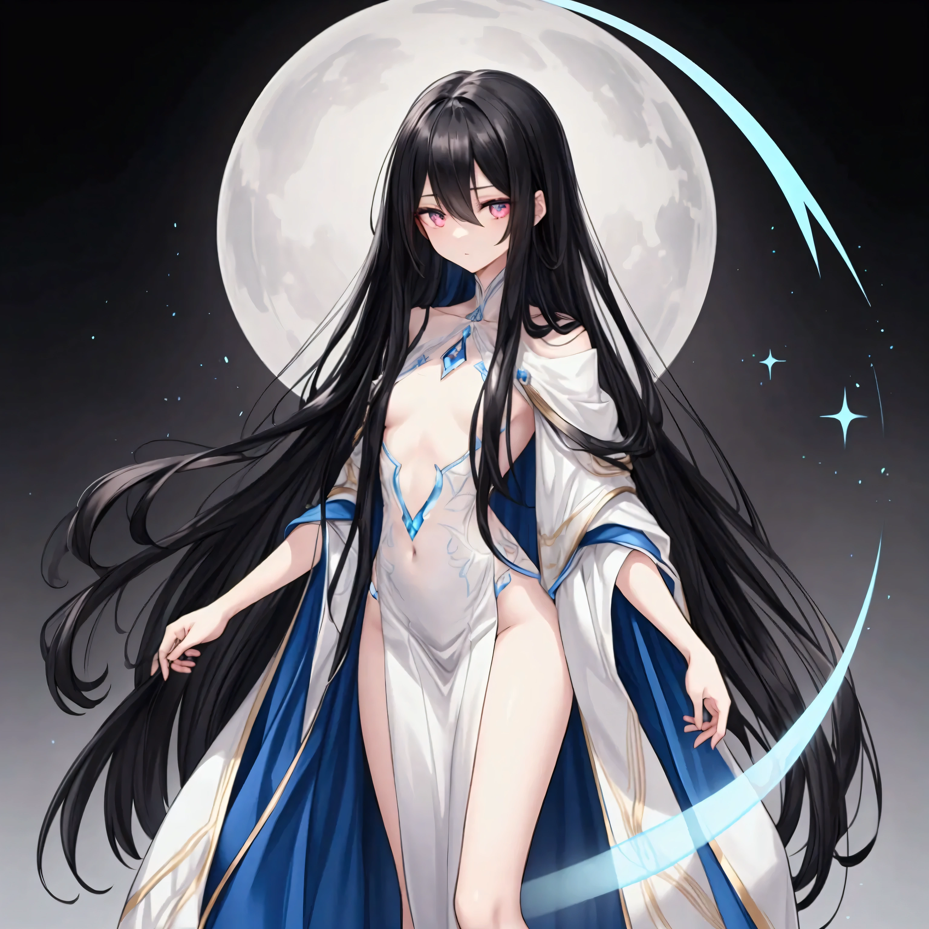 "A slender woman with long, flowing black hair, standing at 160 cm tall, weighing 45 kg, with a petite chest. Her eyes are a soft, pale blue, giving her a mysterious aura. The image is rendered in ultra-high quality, capturing every fine detail with stunning clarity."