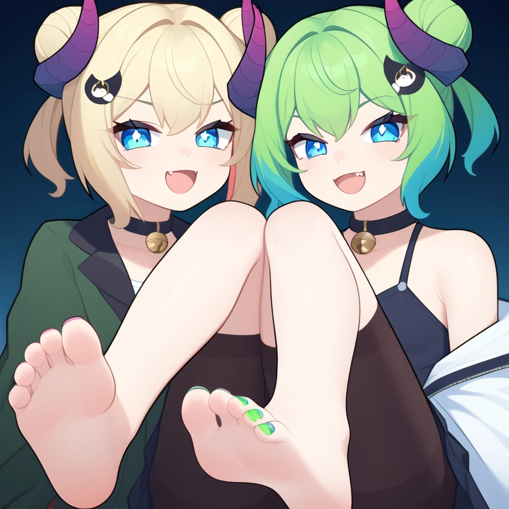 Four beautiful Midas cat girls with heterochromia barefoot showing their feet