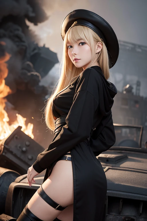 Beautiful Korean women wear black stockings, wear torn jeans jacket, big breasts, blonde hair --auto --s2