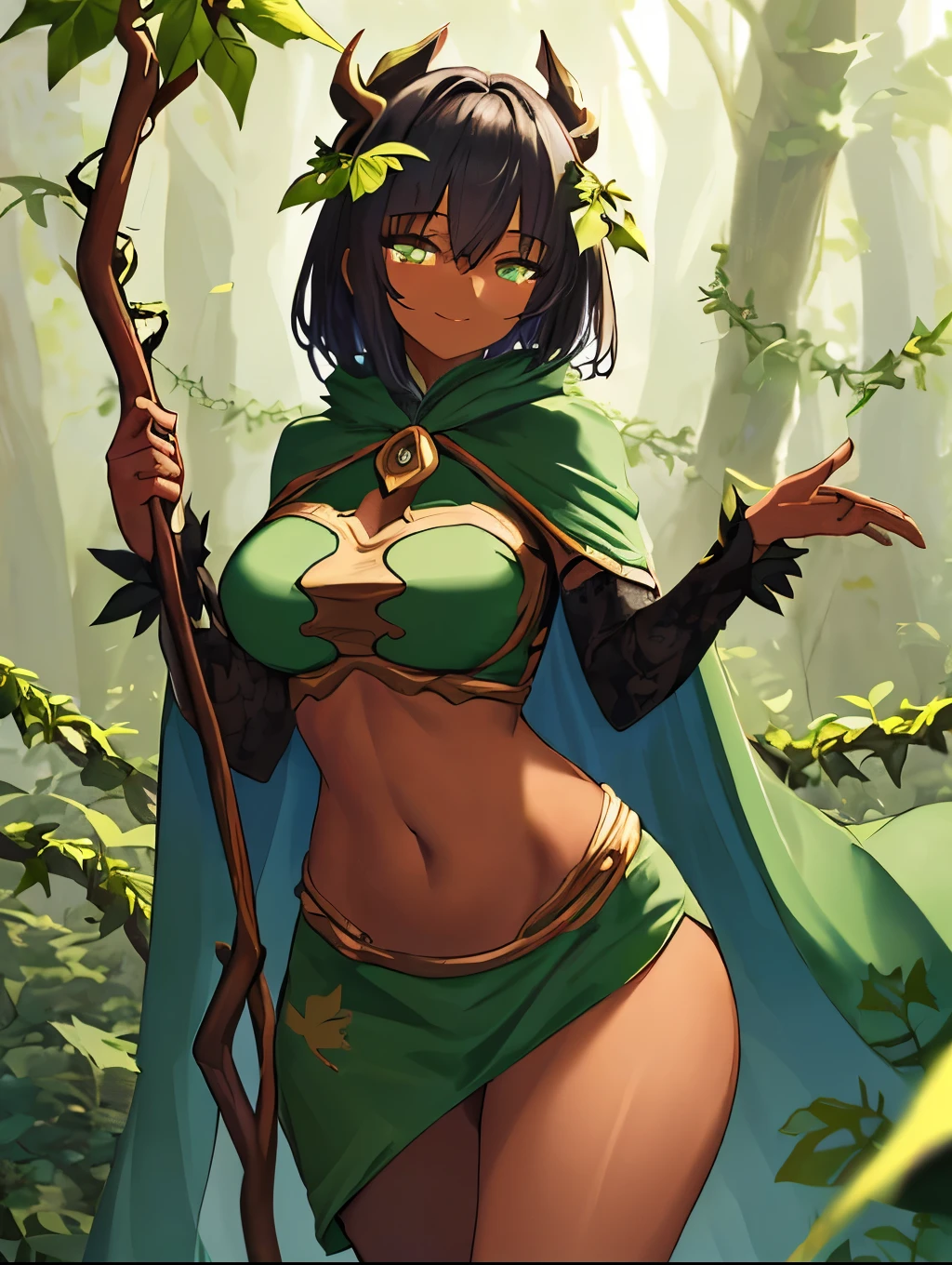 fantasy, 1forest_elemental_girl,teen, tiny,(dark_skin)0.9, (using_leaves_clothes, green_leaves_covered_breasts, leaves_covered_pussy,covered_nipples)+++,(gigantic_heavy_tits:1.1), walking, (smile, sleepy)+, medium_hair, navel oil, (winding_vine_around_torso)++, forest_background, leaves_headgear, green_leaves_cape, spread_arms, large_staff, leaves_thighhighs, big_ass,solo,(pelvic_curtain:0.9), tabard,