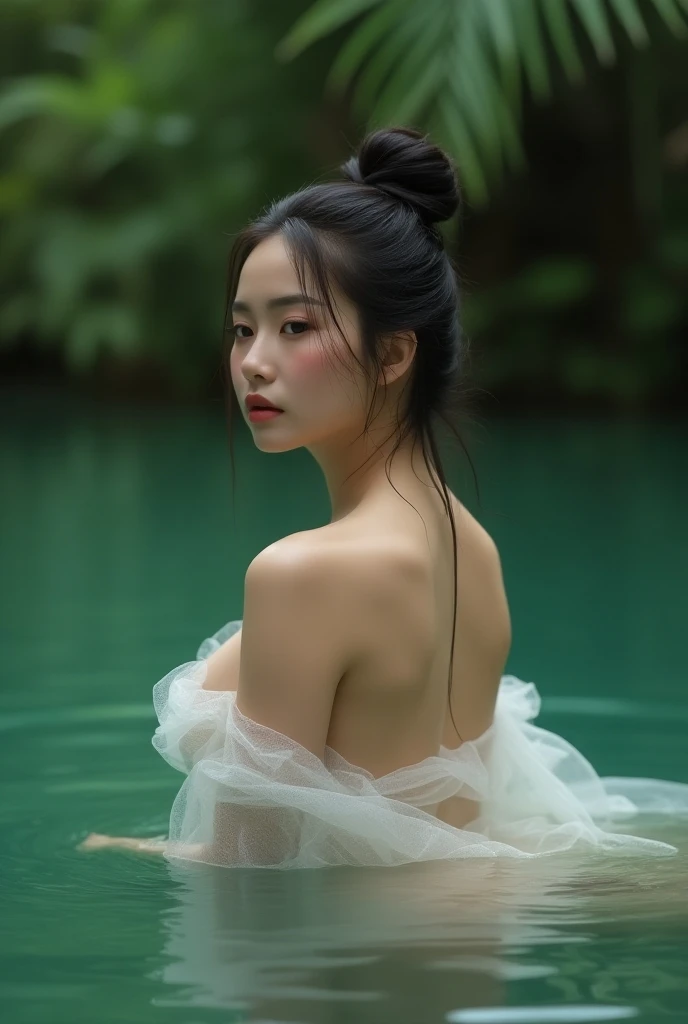 An Asian girl with veil and small tits full naked walking at swimming pool , full body