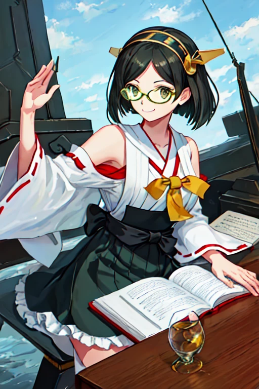  best quality, masterpiece,  High Resolution , Alone, {Maid:1.40}, {long Maid dress:1.15}, {Kirishima_ fleet this is:1.15}, short_hair, Glasses, black_hair, hairband, Non-traditional_Shrine maiden, Green Frame_Glasses,  headgear , smile, chest