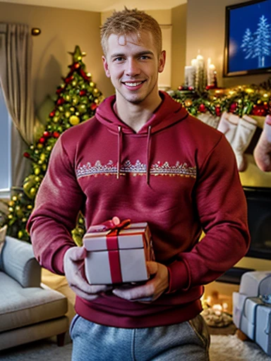 handsome young european and manly blond, lean body, handsome smile, (cute closed red sweatshirt), christmas, living room, ultra realistic, intricate details, highly detailed, photorealistic,  8k, unreal engine, sharp focus, volumetric lighting, christmas hat, gray pants, big gift in hands, ((holding out a gift)), christmas vibes