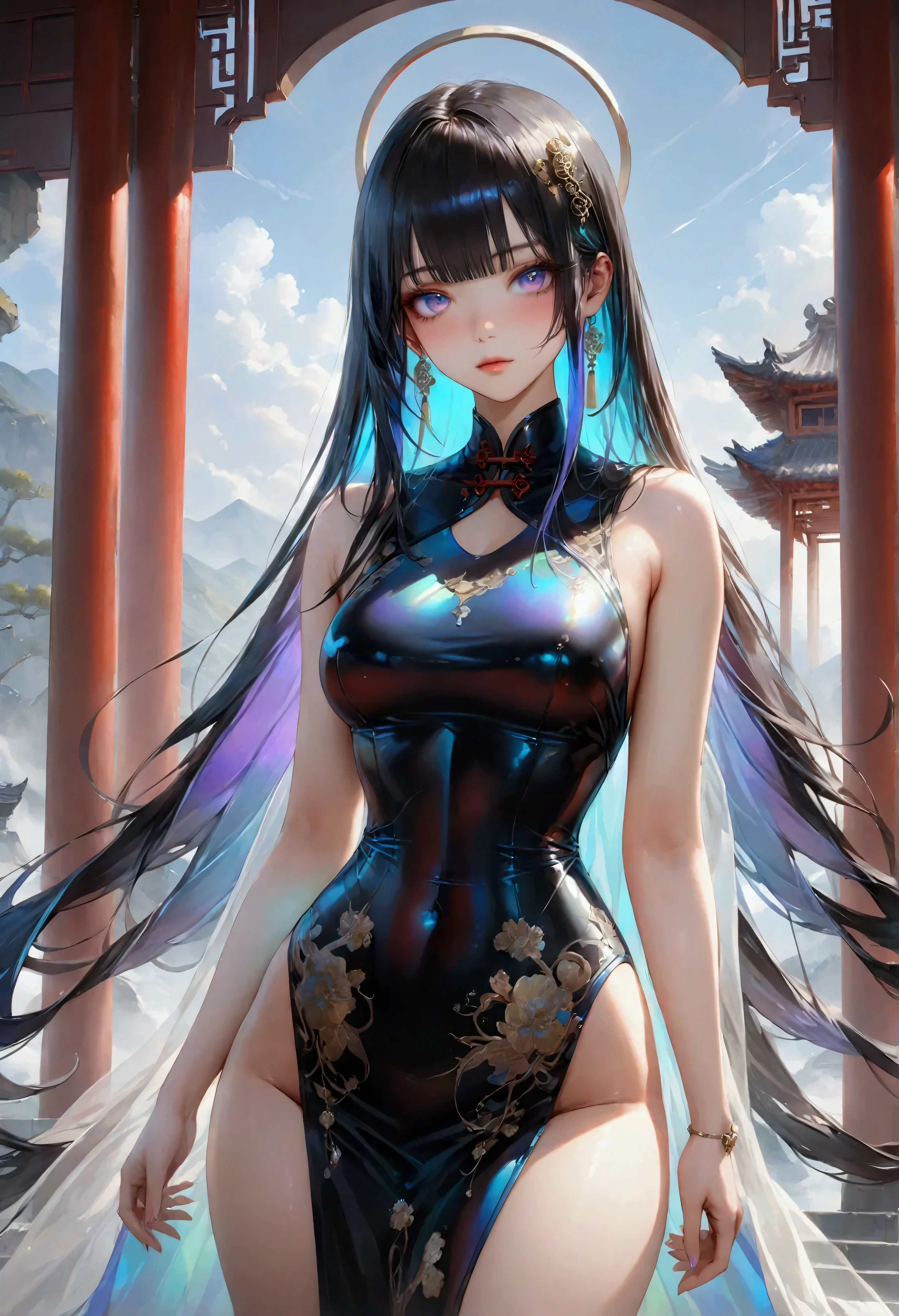 1 Mechanical Girl, ((super realistic details)), portlate, globalillumination, Shadow, octan render, in 8K, ultrasharp, metals, Details of complex ornaments, cold color, Egyptian Detail, highly intricate detail, Realistic light, CGSoation Trends, radiant eyes, Facing the camera, neon details, Mechanical limbs, blood vessels connected to tubes, Mechanical vertebrae attached to the back, mechanical cervical attaching to neck, sitting on, Wires and cables connecting to the head, Chengwei Pan at Art Station, detailed fantasy art, Stunning character art, Fan Art Best Art Station, epic exquisite character art, extremely detailed art germ, Detailed Digital Anime Art,Art Germ at Art Station pixiv
