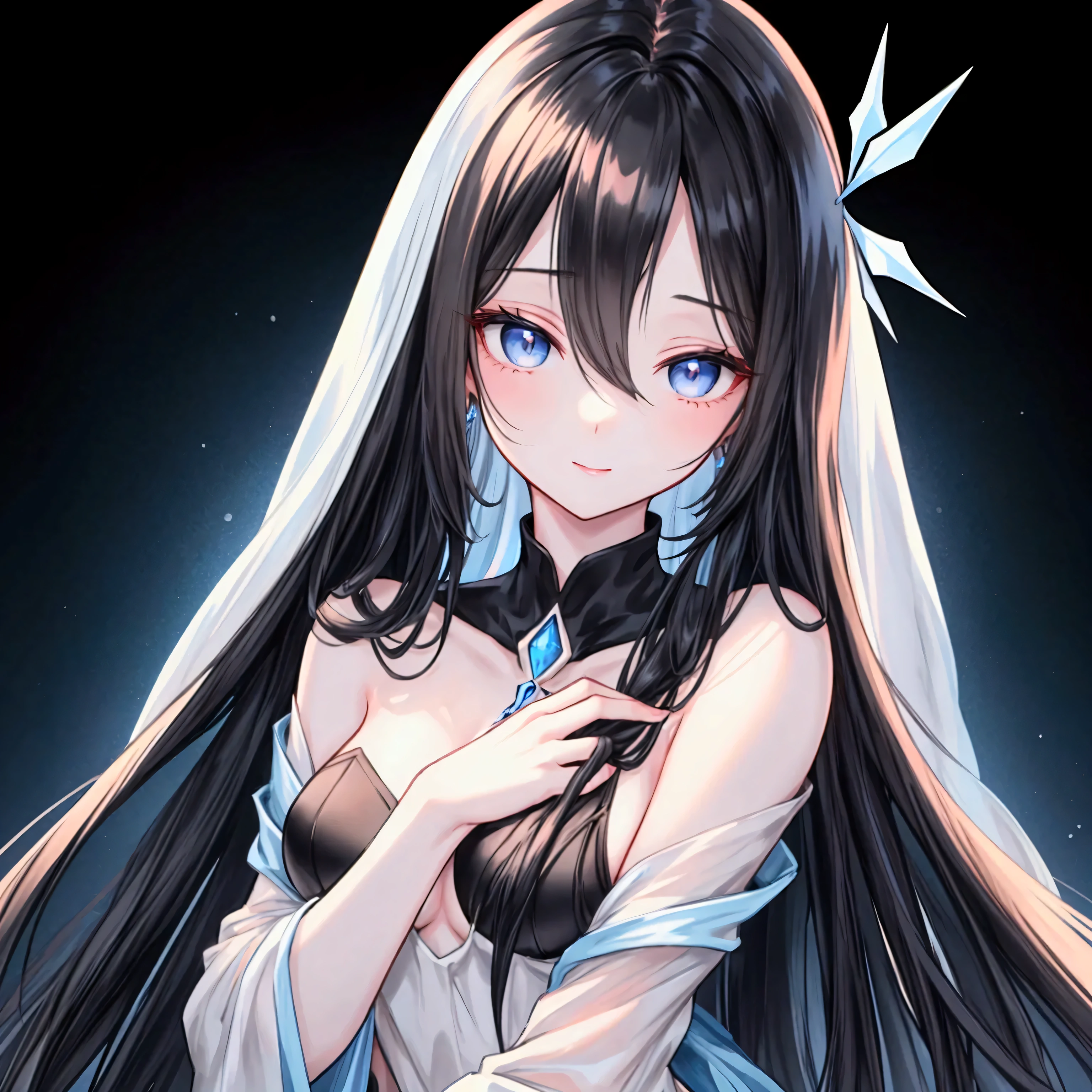 "A slender woman with long, flowing black hair, standing at 160 cm tall, weighing 45 kg, with a petite chest. Her eyes are a soft, pale blue, giving her a mysterious aura. The image is rendered in ultra-high quality, capturing every fine detail with stunning clarity."