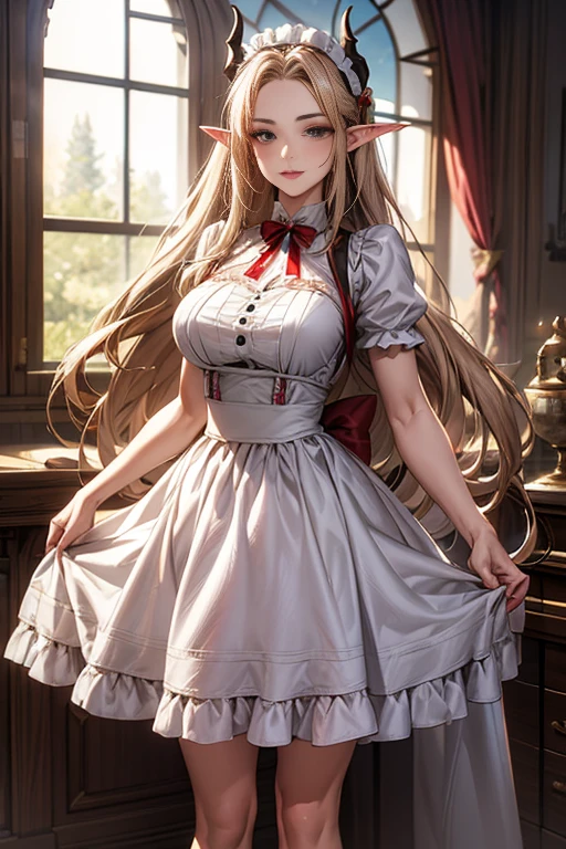 ((best quality)), ((Masterpiece)), (details:1.4), ((Enrich the picture，Masterpiece level quality)), Beautiful 8K CG artwork, 3d, HDR (high dynamic range), ne female adult elf with demon horns and dark blonde long hair and visible forehead wearing a beautiful maid dress with red ribbons, maid attire, maid dress, full body, adult face, forehead, beautiful maid dress, detailed maid dress with red ribbons, ort puffy ****ta dress, standing, sexy, seethrough