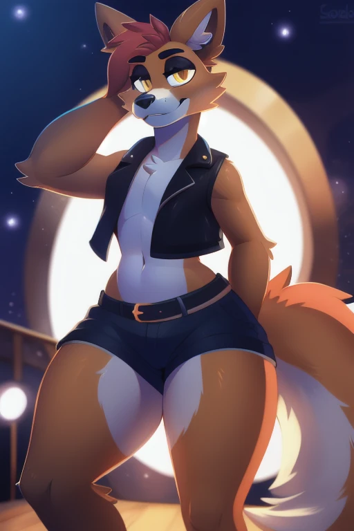 Alone,fox,red hair, boy,  female male , hair highlights, open pirate leather vest , ragged brown shorts,belt dropped over the waist , succubus tattoo on the belly , thighs thighs ,  curvy figure , detailed eyes perfect anatomy, masterpiece,{{pose sexual}}, golden eyes , short hair on the side ,without syrup,big ass, thick thighs,  wide hips  , perfect,  incredible shading , Whole body, detailed hands, detailed eyes, detailed face,  detailed arms ,anthropomorphic,by Clina,por coffeesoda, By Hioshiru, centered, character focus, masterpiece, standing,boat,light show,stage.