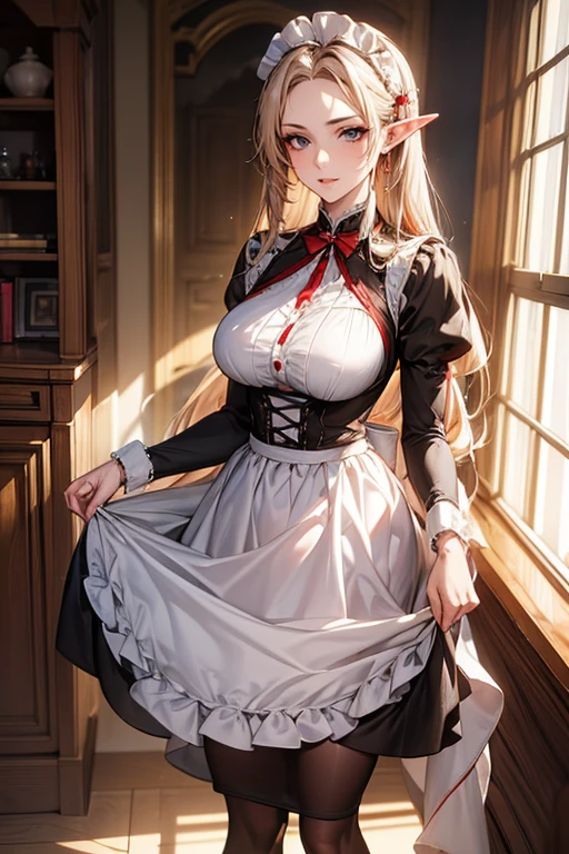 ((best quality)), ((Masterpiece)), (details:1.4), ((Enrich the picture，Masterpiece level quality)), Beautiful 8K CG artwork, 3d, HDR (high dynamic range), ne female adult elf with demon horns and dark blonde long hair and visible forehead wearing a beautiful maid dress with red ribbons, maid attire, maid dress, full body, adult face, forehead, beautiful maid dress, detailed maid dress with red ribbons, ort puffy lolita dress, standing, sexy, seethrough