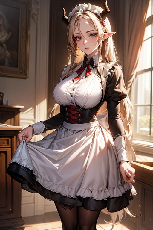 ((best quality)), ((Masterpiece)), (details:1.4), ((Enrich the picture，Masterpiece level quality)), Beautiful 8K CG artwork, 3d, HDR (high dynamic range), ne female adult elf with demon horns and dark blonde long hair and visible forehead wearing a beautiful maid dress with red ribbons, maid attire, maid dress, full body, adult face, forehead, beautiful maid dress, detailed maid dress with red ribbons, ort puffy lolita dress, standing, sexy, seethrough