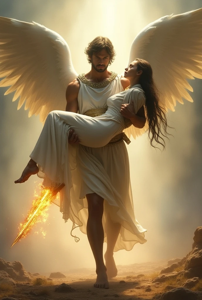 Male angel trying to catch woman being taken to hell